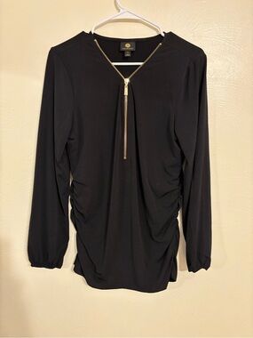 JM Collection Black Tunic Top M Gold Zip V Neck Ruched Stretch